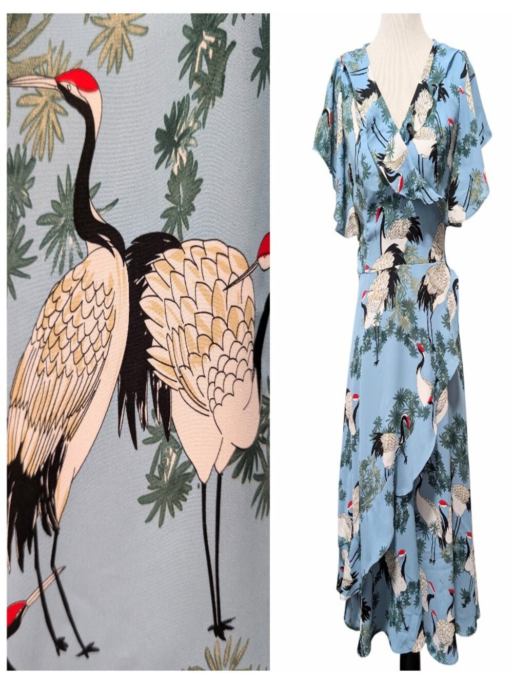Unique Vintage Womens Size M (6/8) Blue Asian Crane Print Ruffled Wrap Dress